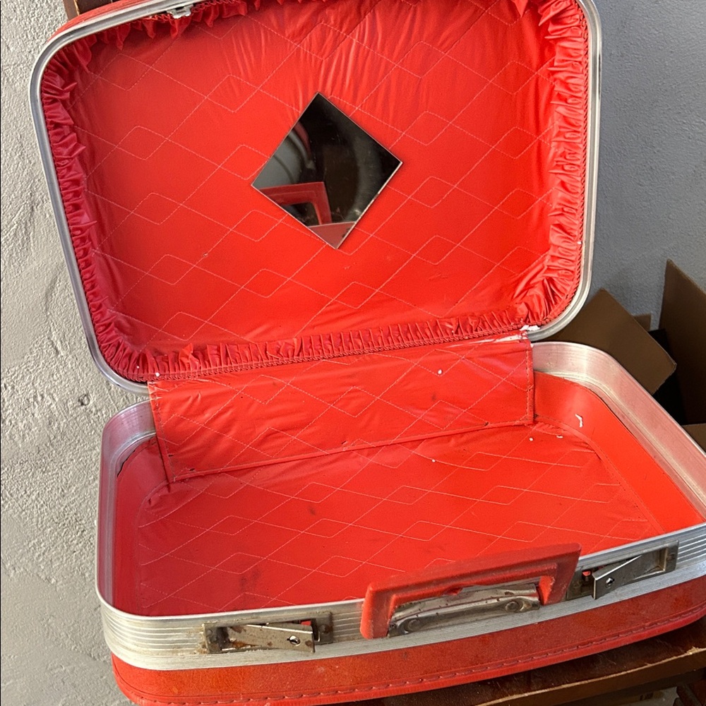 Vintage Red Orange Suitcase with Mirror